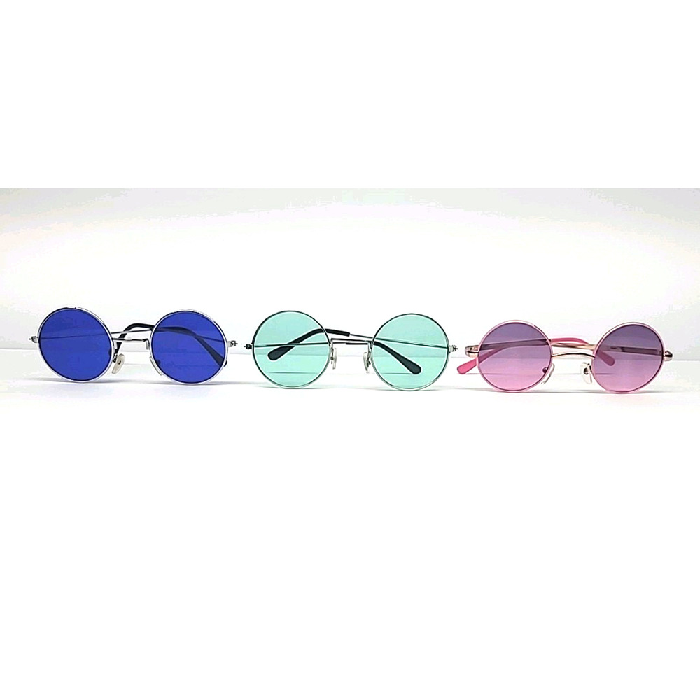 Set Of 3 Round Frame Colored Sunglasses‎ Blue, Green & Pink